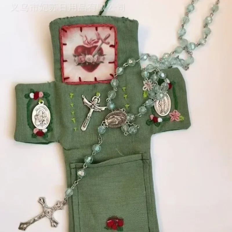 Cross Knit Prayer Pocket Shrine with Silver Cross Inside Christian Holy Storage Bag Home Decoration Faith Based Gift Oasis Select green 23X 9cm