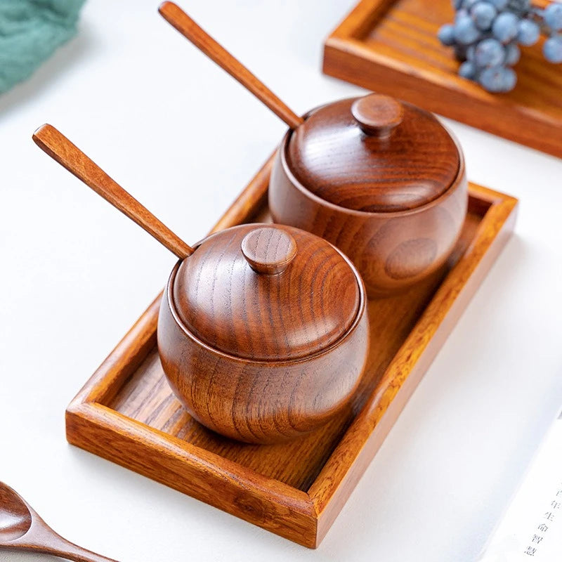 Wooden Seasoning Jar Creative Kitchen Retro Salt Sugar Pot Seasoning Storage Jar With Lid Spoon Wooden Tray Storage Containers Oasis Select