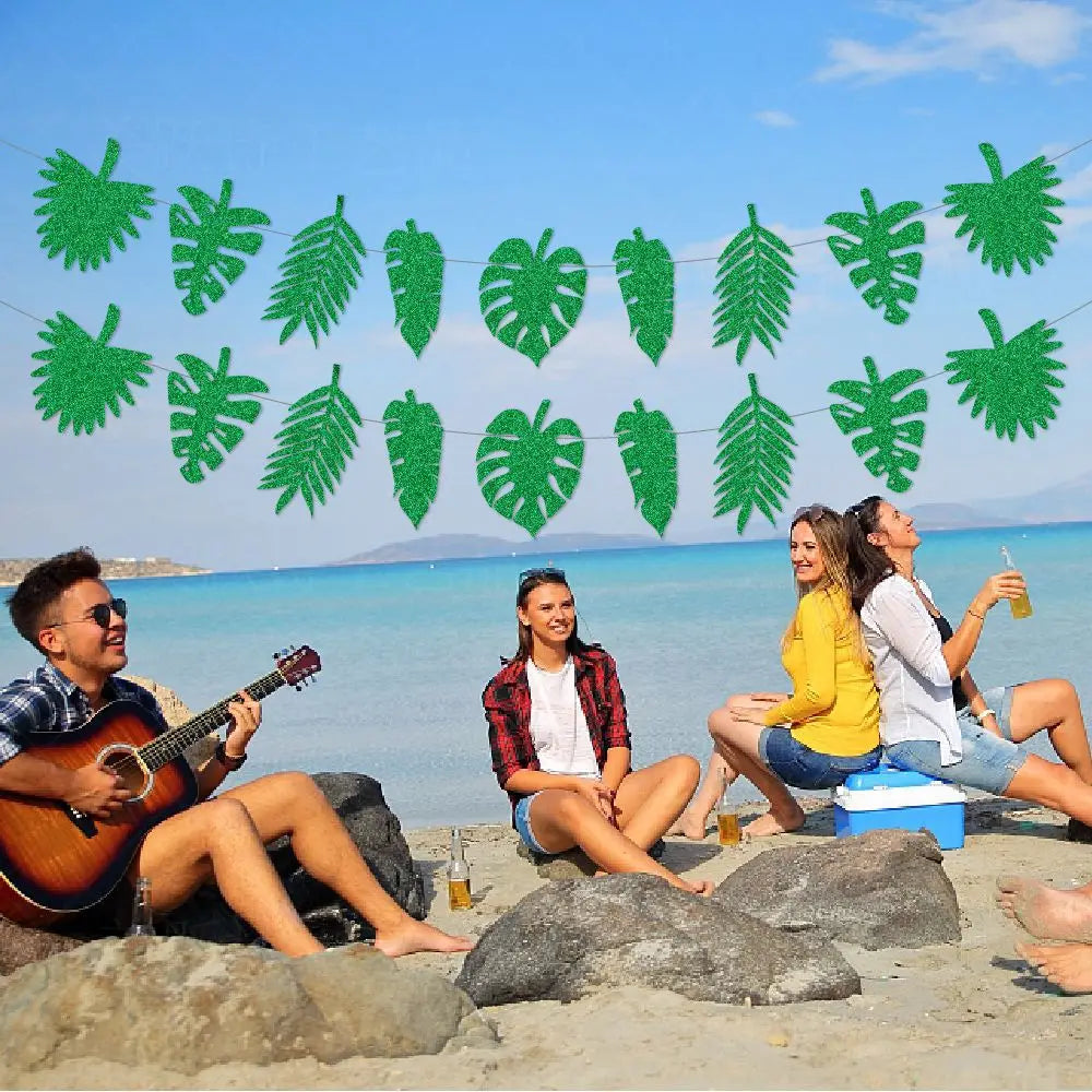 Glitter Tropical Leaf Banner, Monstera Palm Leaves Garland, Hawaiian Luau Party Decorations for Birthday Baby Shower Wedding Oasis Select