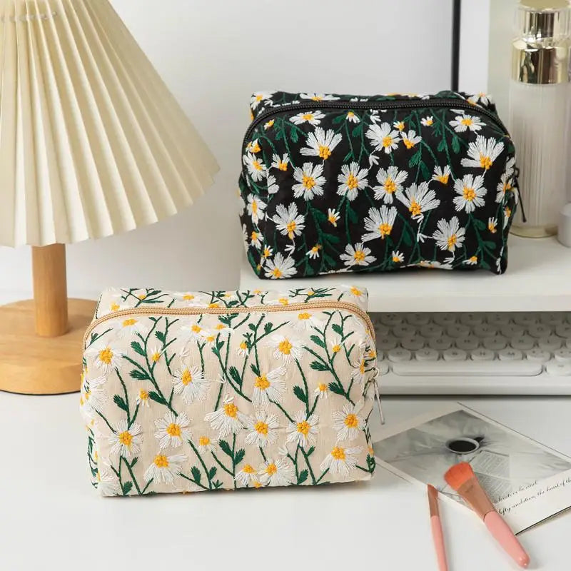 Floral Embroidery Women Cosmetic Bag Canvas Zipper Make Up Bag Travel Washing Makeup Organizer Sanitary Napkin Pouch Storage Oasis Select
