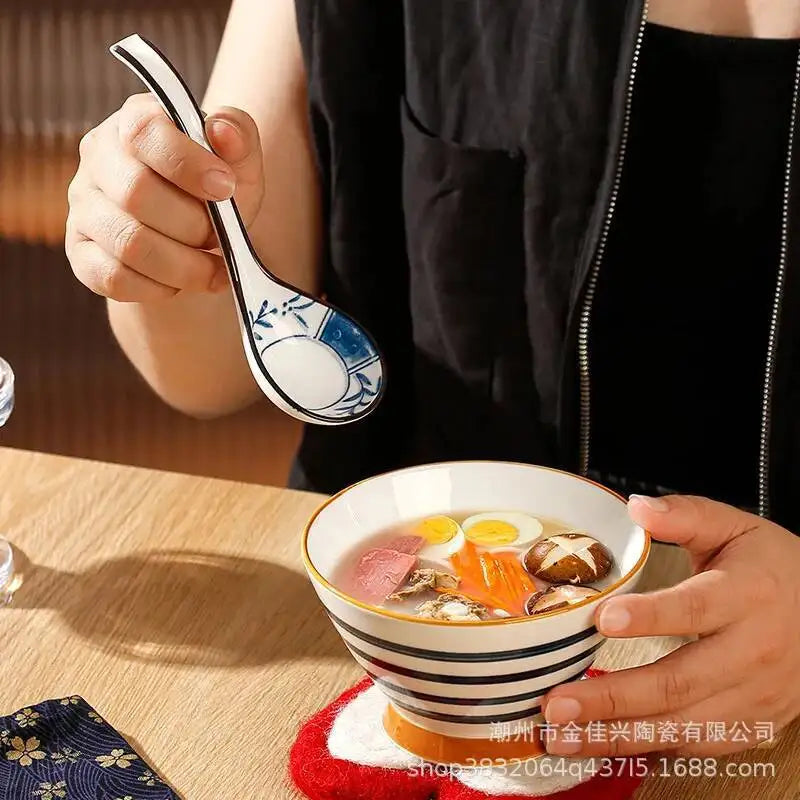 Japanese Blue And White Ceramic Spoon With Underglaze Decoration Soup And Noodle Serving Kitchen Cooking Utensil Oasis Select