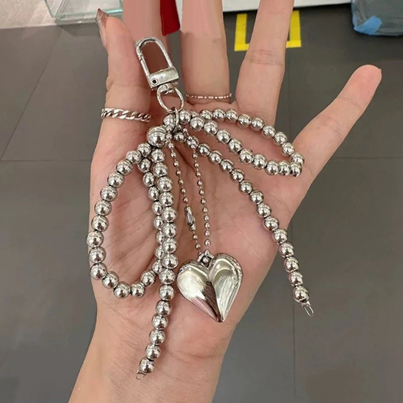 Delicate Beaded Key Chain Handmade Pearl Bow Shaped Pendant Keyring Heart Keychain Ornament Pearl Decoration For Bags Phones Oasis Select Silver