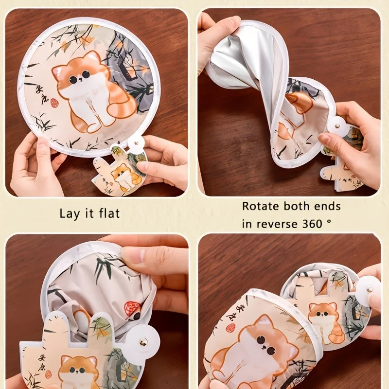 1Pc Cute Cat Folding Fan - Cat Design, 2-In-1 Cooling And Sun Protection, Portable Handheld with Storage Bag, Summer Accessory Oasis Select