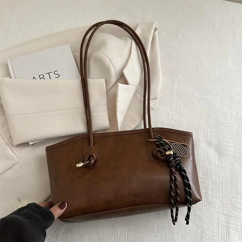Retro PU Leather Tote Bag – Large Capacity & Charm Pendant