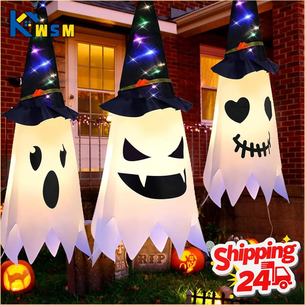 1-5PCS Halloween Wizard Hat Ghost Hanging Decoration Spooky Room Ambiance for Ghost Festival Party Scary Decor Flash Pendant Oasis Select