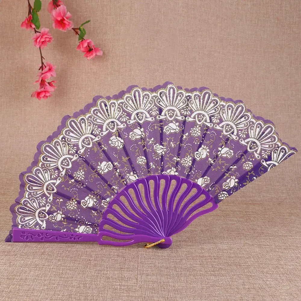 23 Colors Lace OR Cloth Spanish Fabric Silk Folding Hand Held Dance Fan Flower Party Wedding Prom Dancing Summer Fan Accessories Oasis Select Purple
