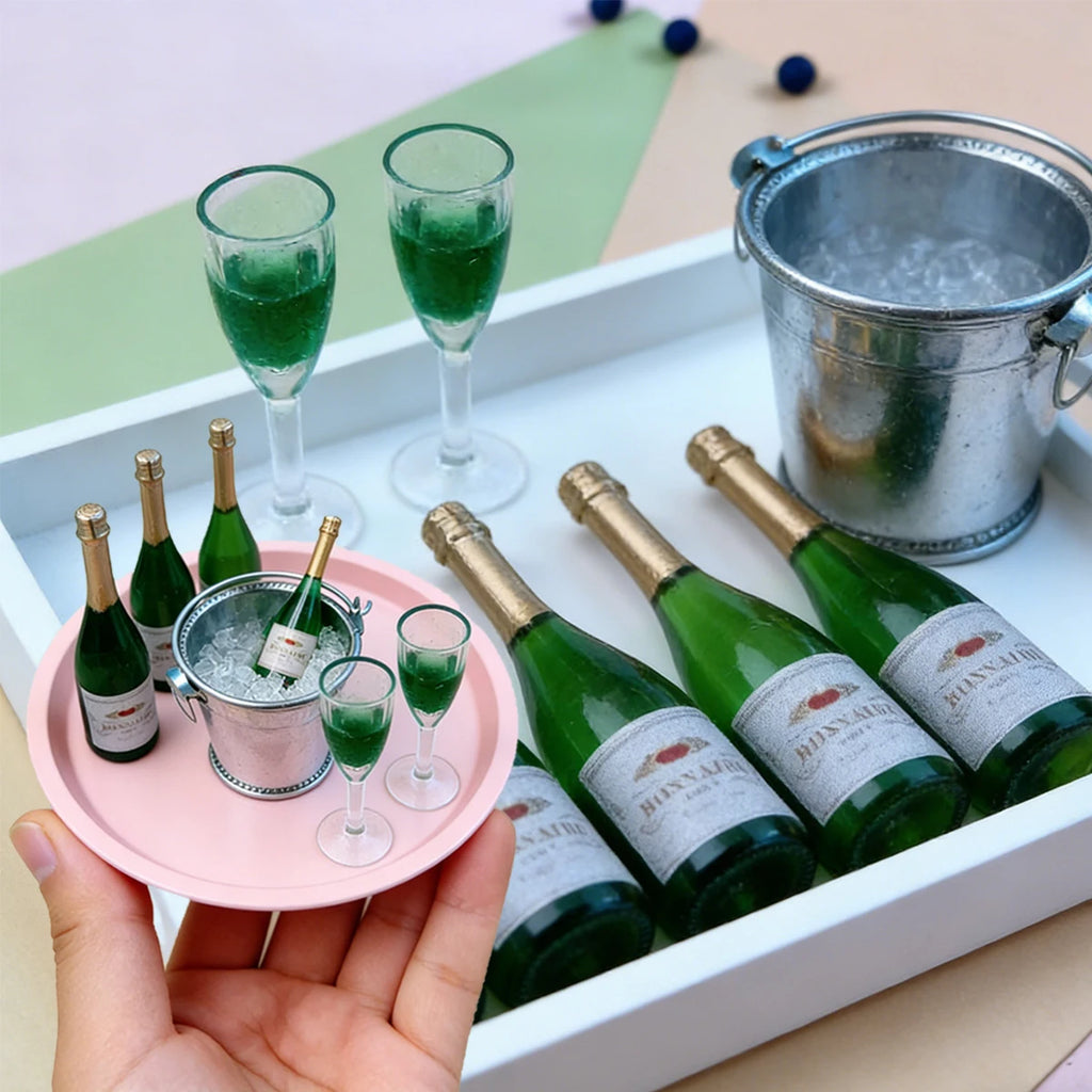 1/4 PCS Mini Champagne – 1:12 Bottle, Glass & Ice Bucket in Green, Resin fairy garden paths micro landscapes Dollhouse Bar Scene Oasis Select
