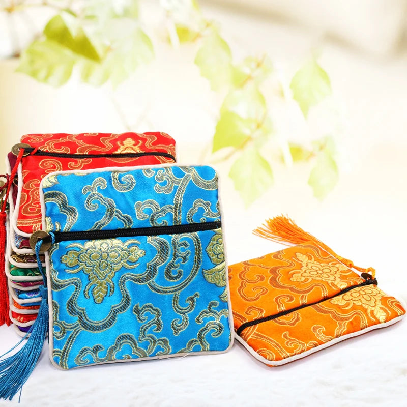 Chinese Brocade Jewelry Storage Bag Handmade Silk Embroidery Padded Small Zipper Tassel Jewelry Organizer Pouch Satin Gift Bag Oasis Select