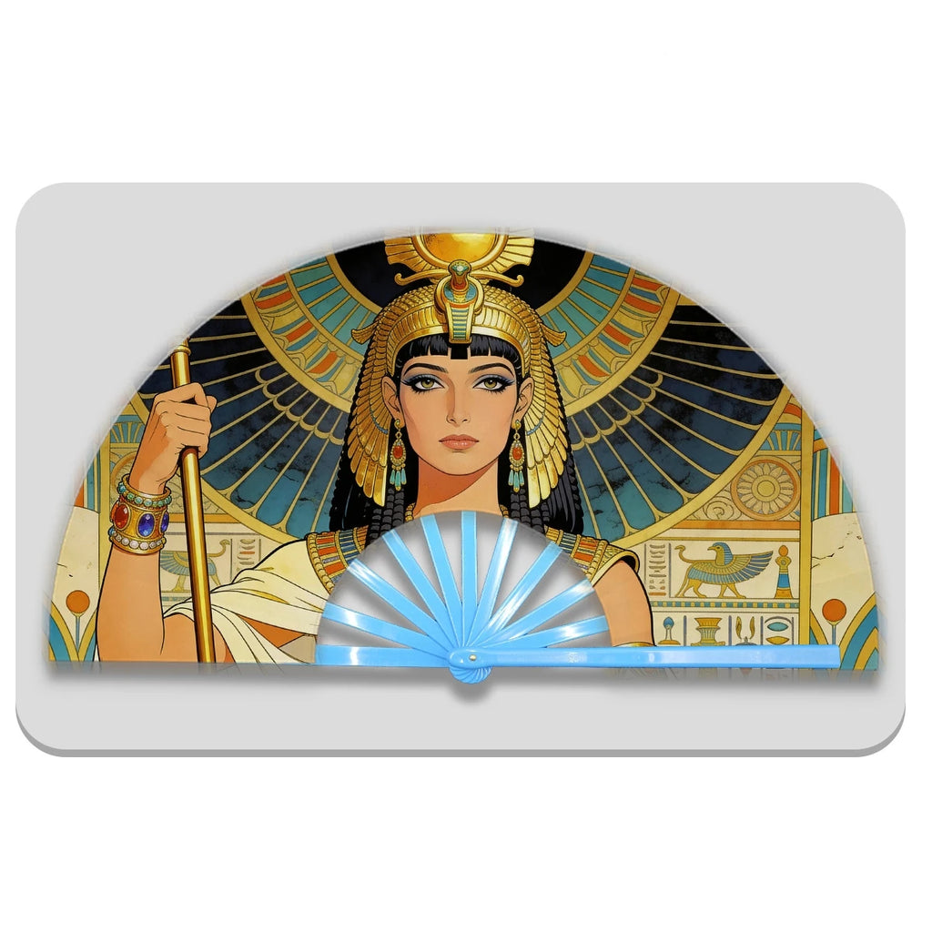 13" Egyptian Cleopatra Folding Fan - Plastic Rib Large Hand Fan for Cosplay, Ancient Egypt Party Decor & Summer Cooling Oasis Select Light Blue