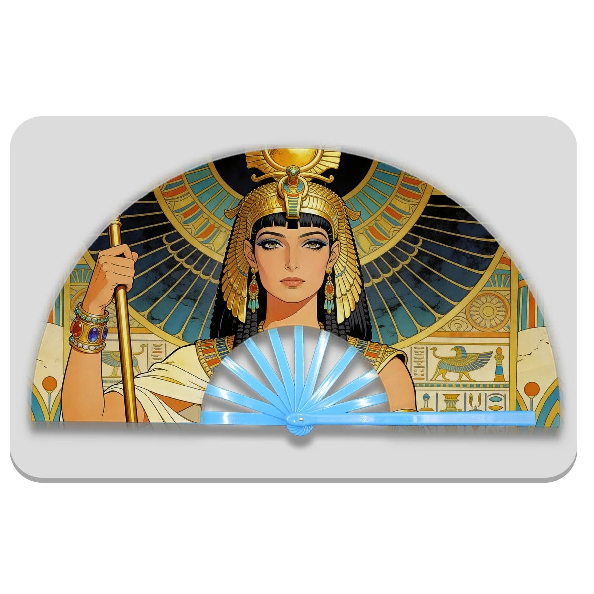 13" Egyptian Cleopatra Folding Fan - Plastic Rib Large Hand Fan for Cosplay, Ancient Egypt Party Decor & Summer Cooling Oasis Select Light Blue