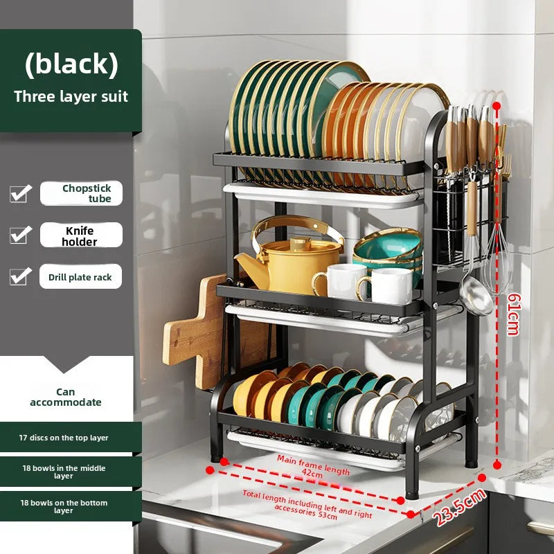 Kitchen Storage Artifact H-Type Dish Rack Drain Rack Multi-layer Multifunctional Bowl Rack Chopstick Rack Kitchen Shelf Oasis Select H 3 layer set