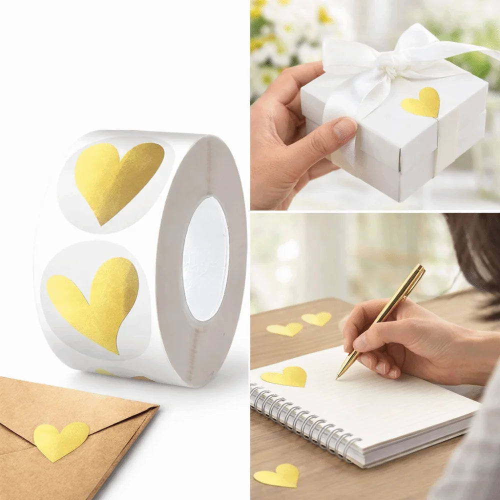 Transparent Heart Sticker Glowing Effect Heart Design Stationery Sticker Waterproof Gold Color Sealing Label Sticker Gift Decor Oasis Select