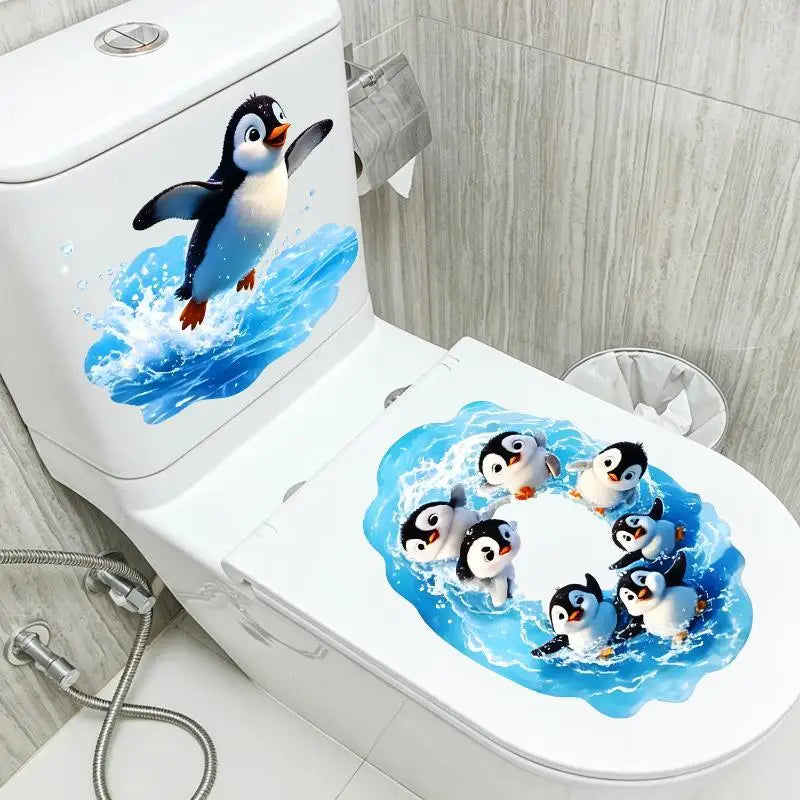 Cute Cartoon Penguin Toilet Stickers Waterproof Self Adhesive Removable Bathroom Wall Decor Decals Oasis Select