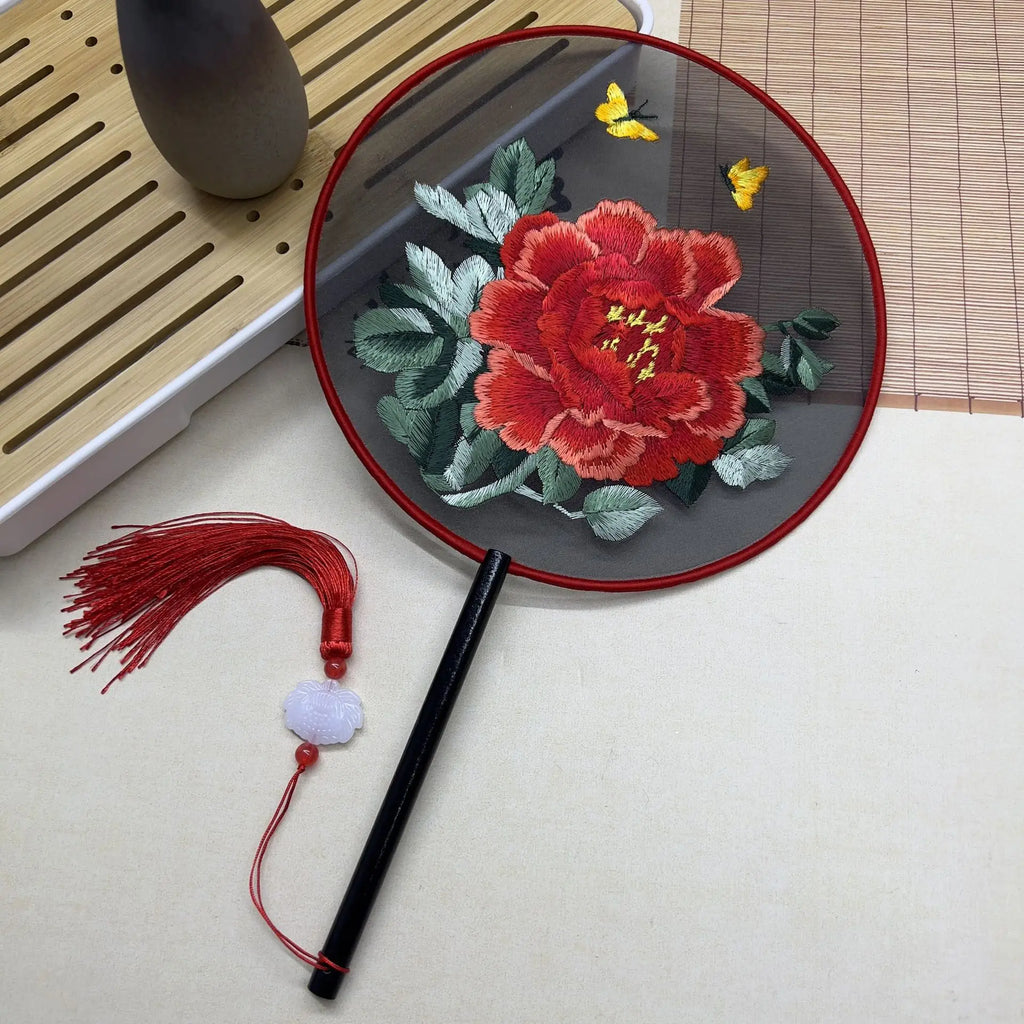 Red Flower Silk Fan Double Sided Embroidery Round Fan Chinese Palace Hanfu Hand Fan Craft Wedding Gift For Guests Home Decor Oasis Select C CHINA 1PC