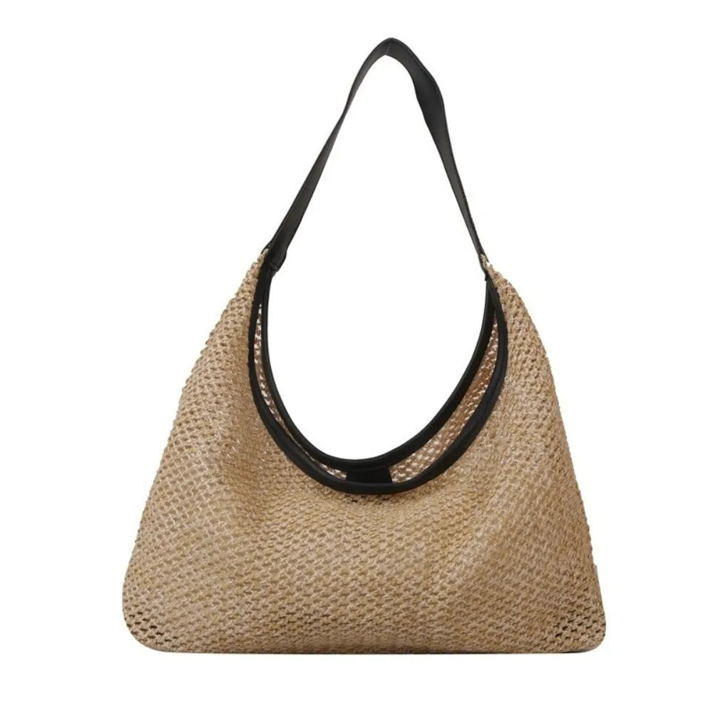 Fashion Solid Color Weave Straw Bag Bohemian Style Large Capacity Beach Handbag Bucket Bag Handmade Shoulder Bag Summer Oasis Select Black