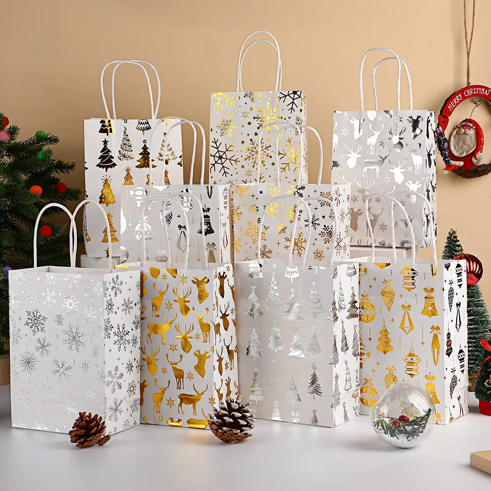 Christmas White Kraft Gift Bag – Snowflake & Reindeer Pattern