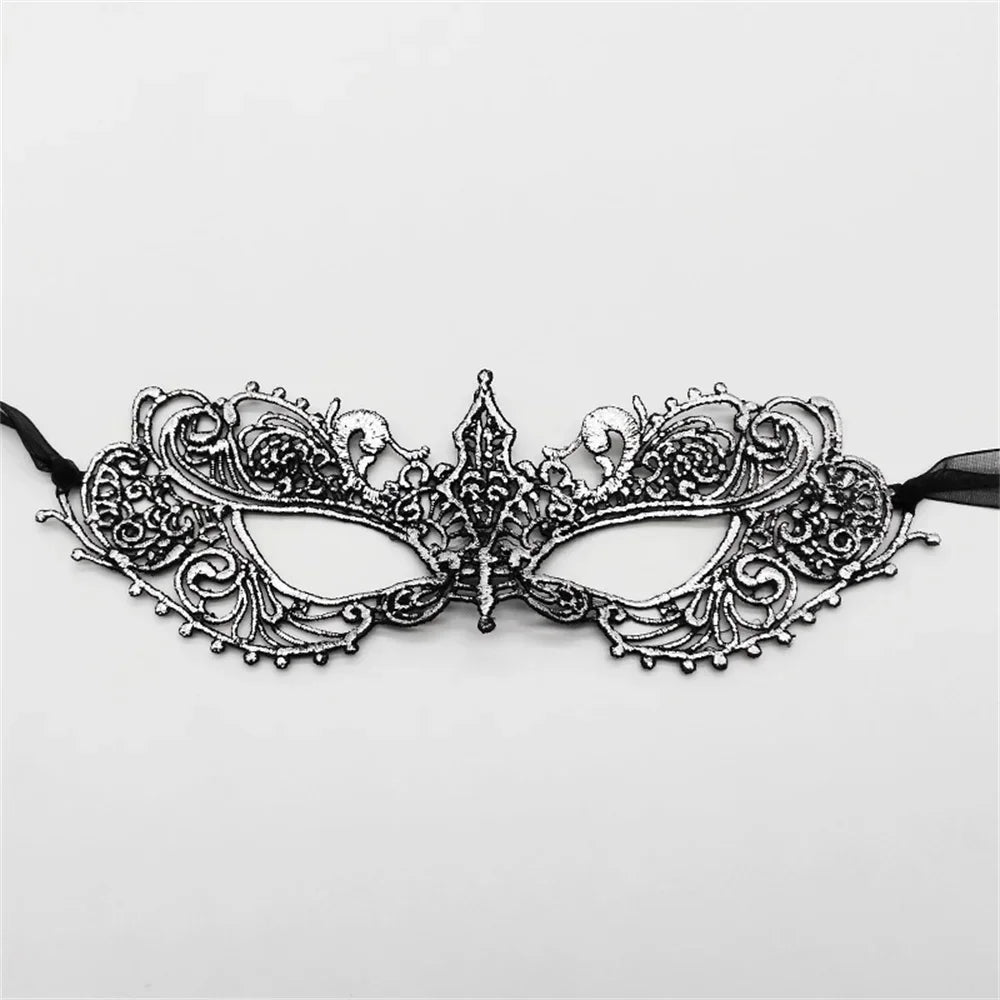 Women Sexy Hollow Lace Masquerad Face Mask with Ribbon Princess Party Mardi Gras Cosplay Prom Props Costume Nightclub Eye Mask Oasis Select Silver