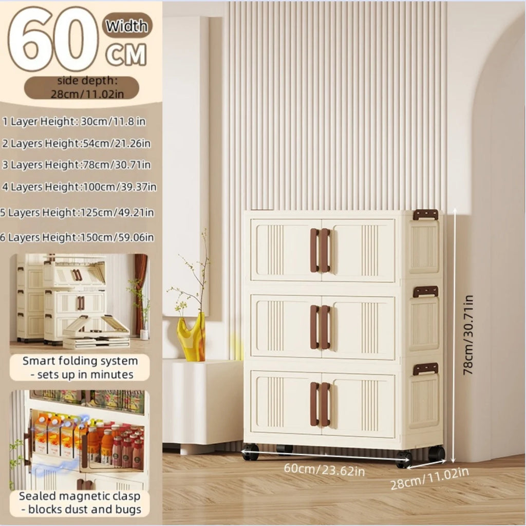 Foldable storage cabinet - movable multi-level double-door storage cabinet - living room and kitchen transparent storage box Oasis Select 3 Tier Cream