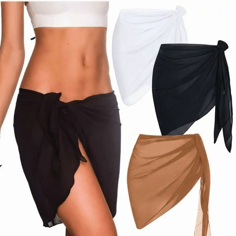 Sexy Solid Color Women Beach Skirt Short Sheer Swimming Skirt Strap Design Swimsuit Coverups Summer Vacation Oasis Select