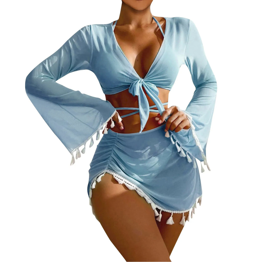 Solid Color Sexy Fashion Slim Fitting Beach Swimwear For Lady Split Lightweight Strap High Waist Pleated Cover-up Four-Piece Set Oasis Select