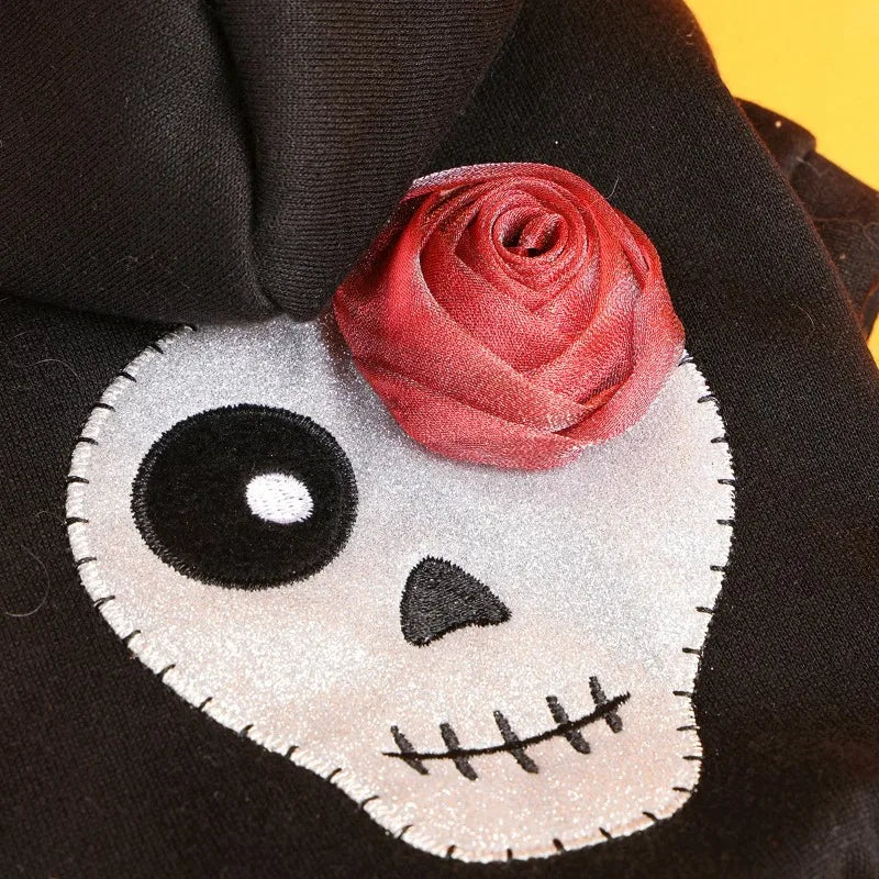 Pet Clothes Dog Cat Silver Skull Halloween Sweater Black Thickened Funny White Skull Embroidered Button Hooded Jacket Oasis Select