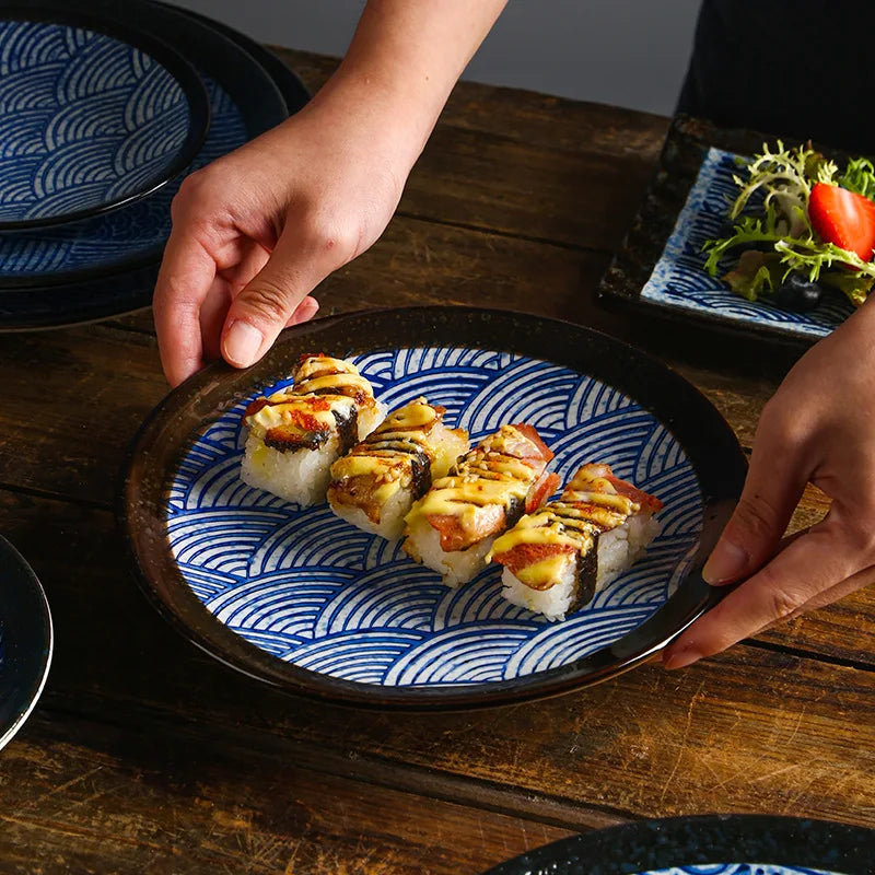 Japanese Blue And White Wave Pattern Tableware Ceramic Dinner Plate Household Flat Plate Sushi Plate Breakfast Plate Oasis Select