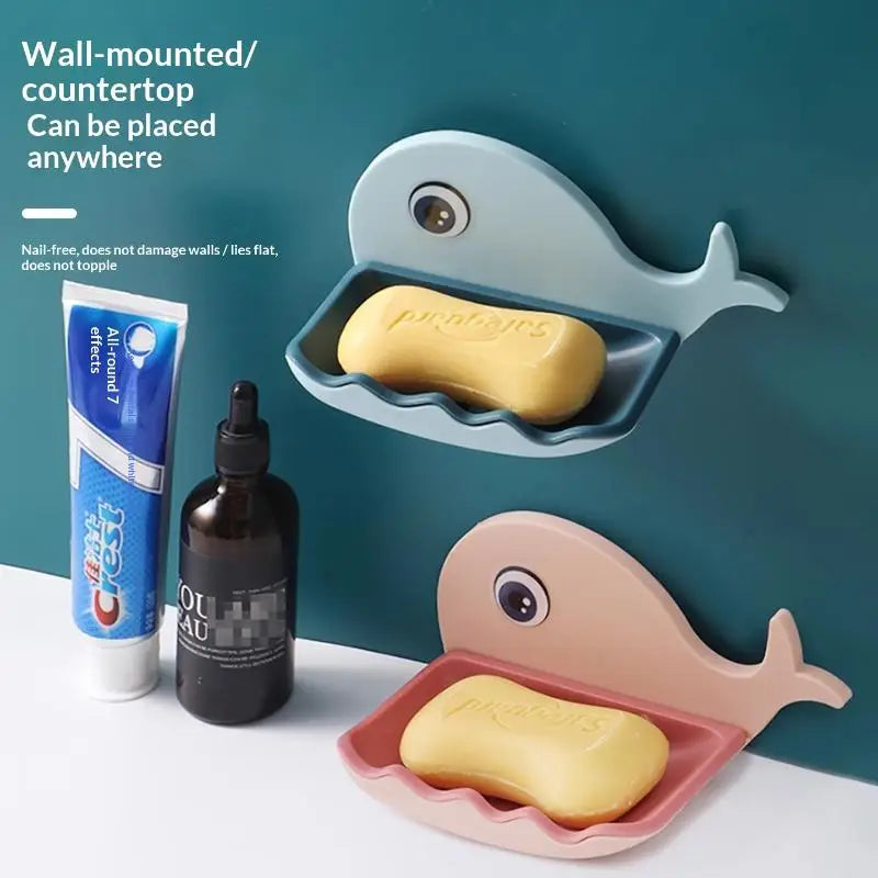 SU 1PCS No-Drill Adhesive Soap Dish, Creative Whale-Shaped Soap Holder With Drainage For Bathroom Double-layer Drain Soap Box Oasis Select