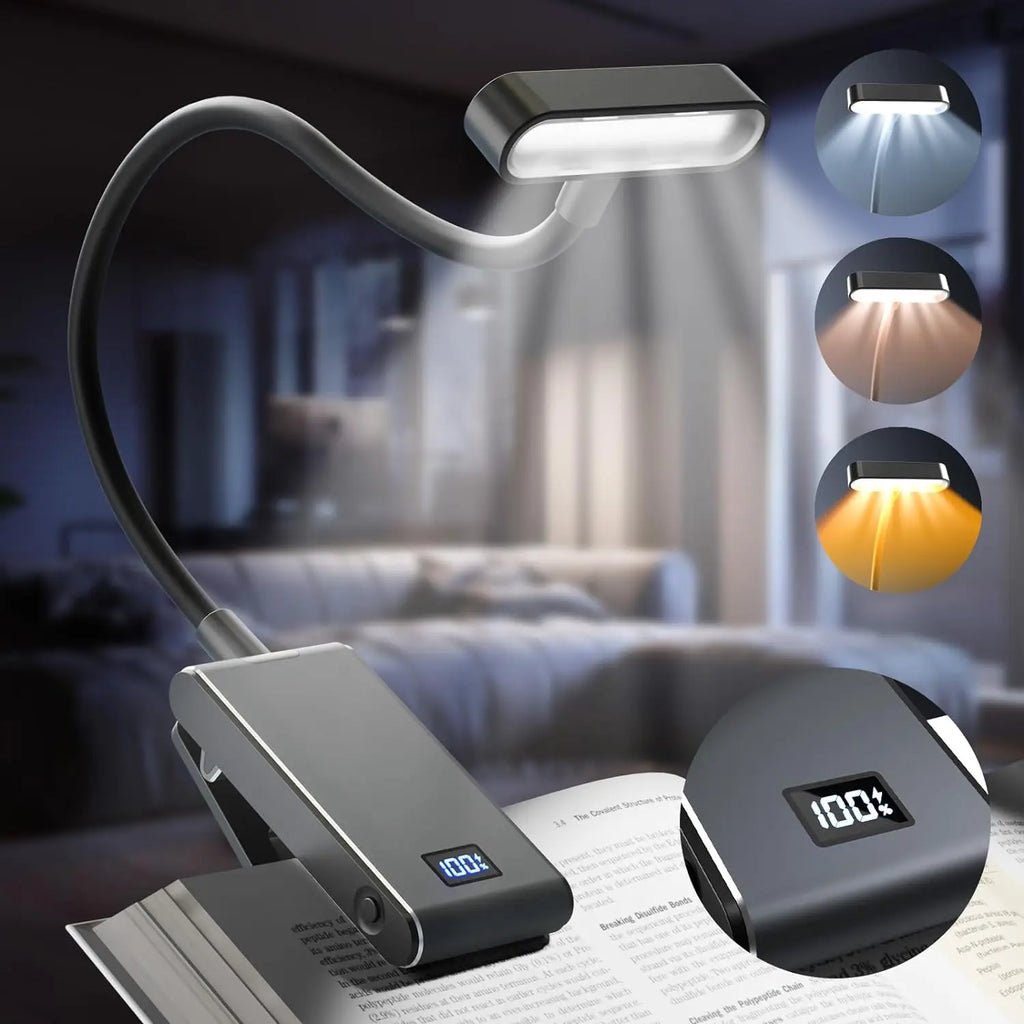 Aluminum Rechargeable Reading Light 3 colors 3 brightness Clip On Mini Book Light Small Read Night Lamp Study Reading Book Lamp Oasis Select Black