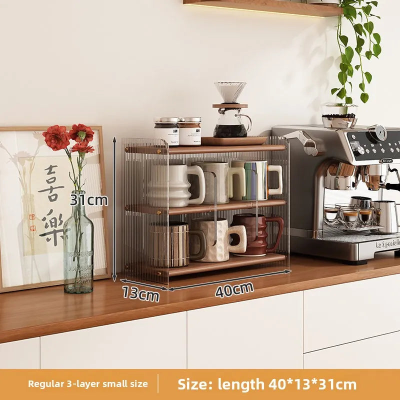 Coffee countertop cup holder, desktop rack, antique display, multi-layer acrylic solid wood water cup, kitchen storage rack Oasis Select 3 layers and 3