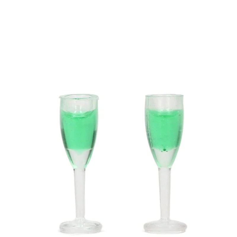 1/4 PCS Mini Champagne – 1:12 Bottle, Glass & Ice Bucket in Green, Resin fairy garden paths micro landscapes Dollhouse Bar Scene Oasis Select Glasses-2pcs