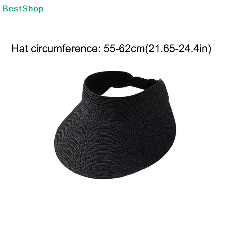 UPF 50+ Wide Brim Straw Visor Hat – Foldable Ponytail Beach Hat