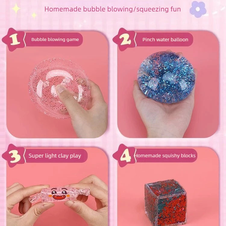Glitter Nano Glue Set Bubble Blowing Slime Kit Putty Stretchy for Stress Relief DIY Bubble Hole Adhesive Fidget for Kids Oasis Select