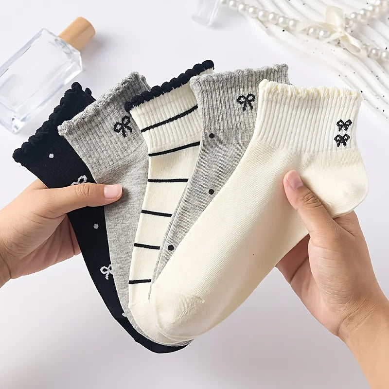 5 Pairs of Cute Breathable Striped Butterfly Bow Polka Dot Pattern Short Invisible Socks for Women, Suitable for Daily Wear Oasis Select