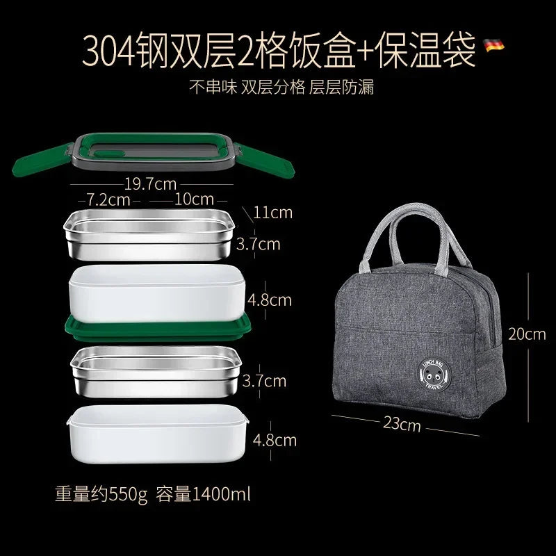 2 Layers Lunch Box with Lunch Bag 304 Stainless Steel for Adults Kids School Office Microwavable Portable Bento Food Containers Oasis Select Green 2 2
