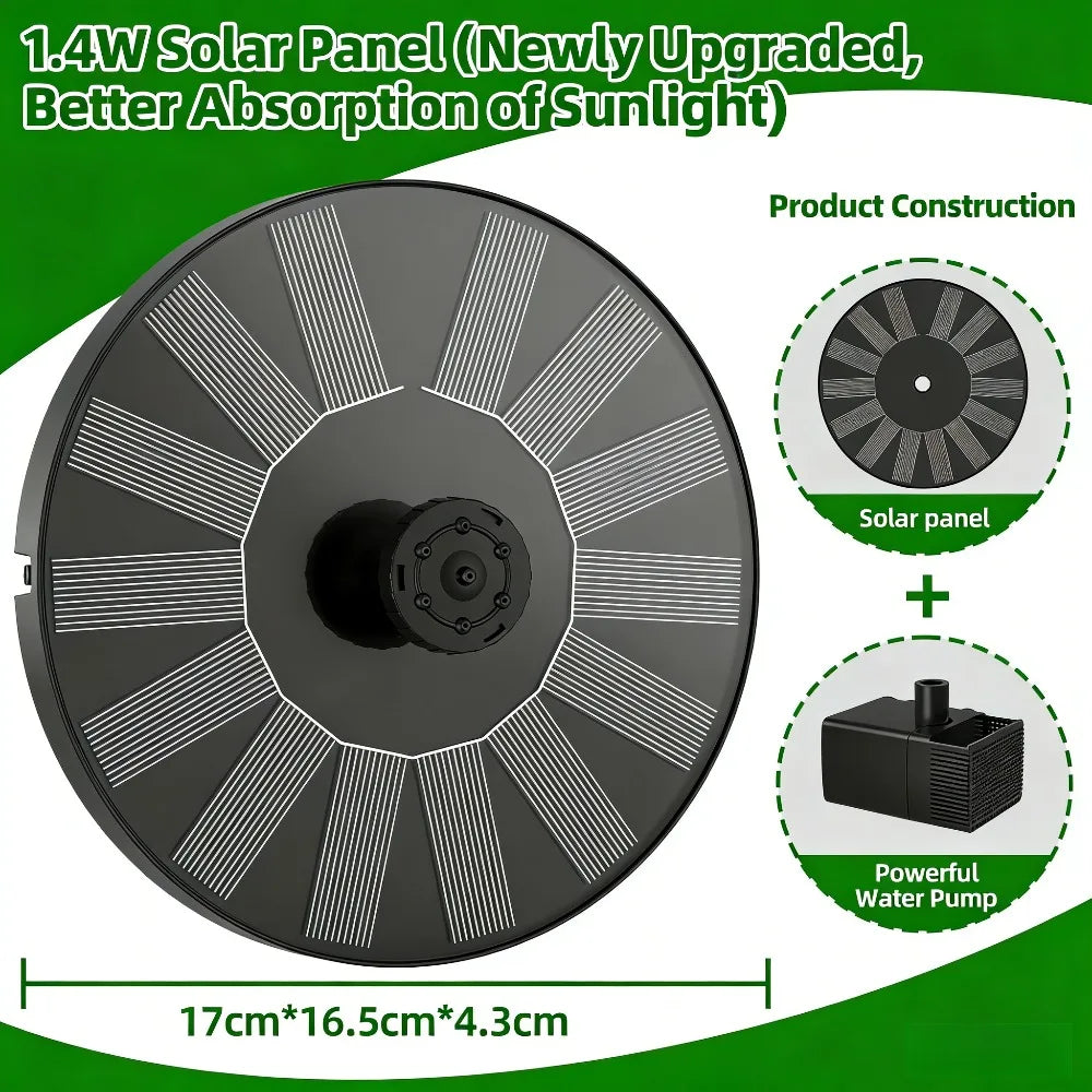 1.4W Solar Water Fountain Bird Bath Pump with 6*Nozzle&4*Crash Bar Durable Powerful, Perfect for Bird Bath Garden Pool Aquarium Oasis Select 1.4W