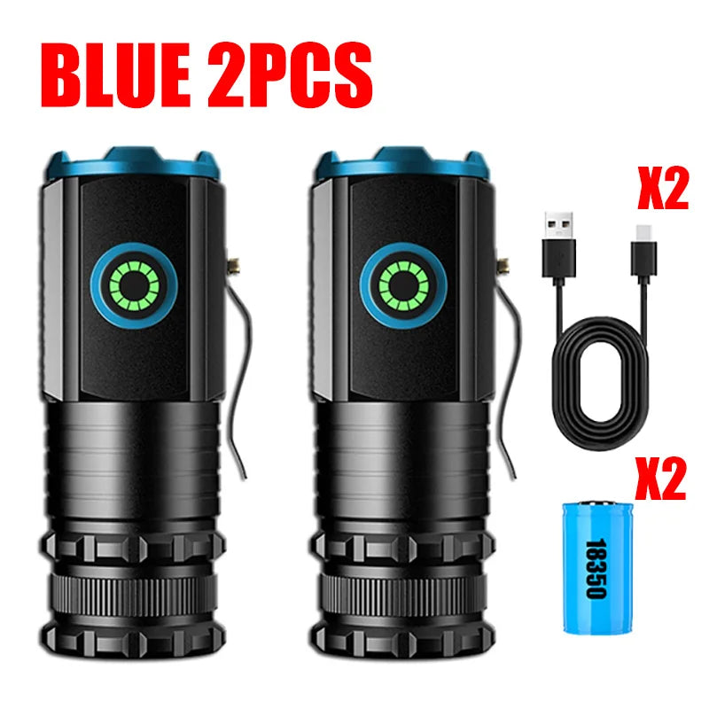 2000LM Powerful LED Flashlight Super Bright Mini EDC Keychain Light USB Rechargeable Torch Camping Lantern with Power Indicator Oasis Select Blue 2Pcs