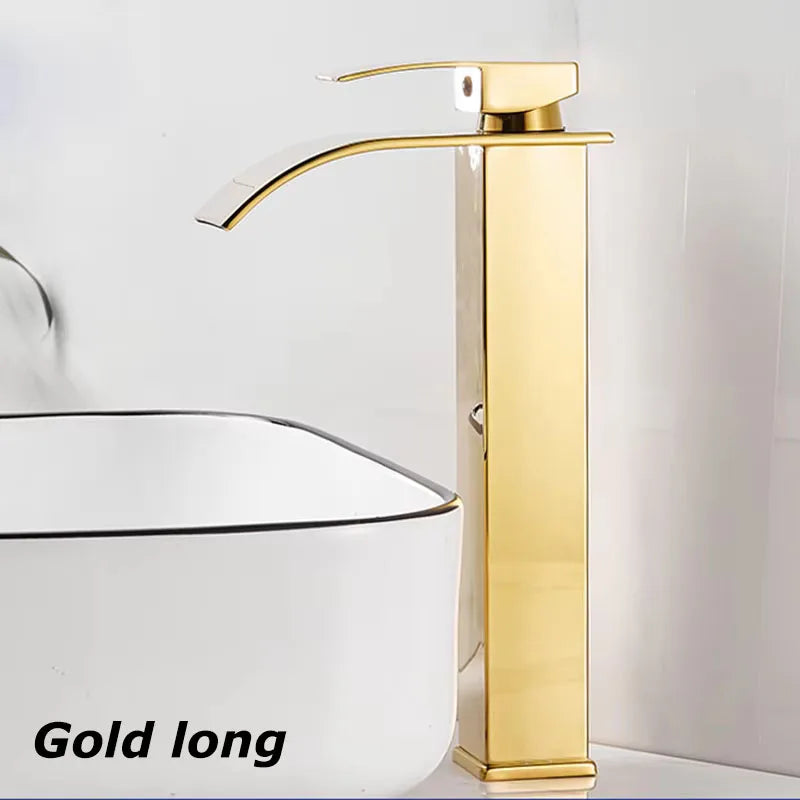 Waterfall Sink Faucet Bathroom Accessories Dual Control of Hot and Cold Bathroom Mixer Tap Washbasin Faucet Set Fixture Home Oasis Select Gold long