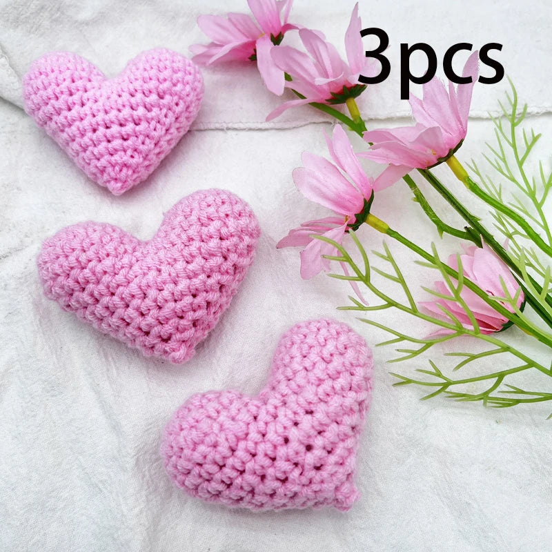 1/2PCS Crochet Heart Hooked Yarn Heart Filled Cotton Peach Knitting Heart Clothing Accessories Red Pink Colored Love Heart Oasis Select pink 3pcs