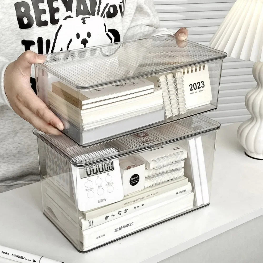 1pc Desktop Storage Box Large Capacity with Lid, Transparent Cosmetic & Office Organizer, for Office Supplies/Books/Documents Oasis Select