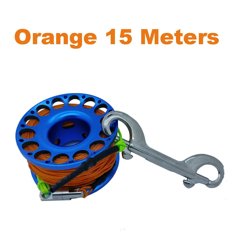 15M 20M 30M Scuba Diving Aluminum Alloy Spool Finger Reel with Stainless Steel double ended hook SMB Equipment Cave Dive Oasis Select Orange Line 15M