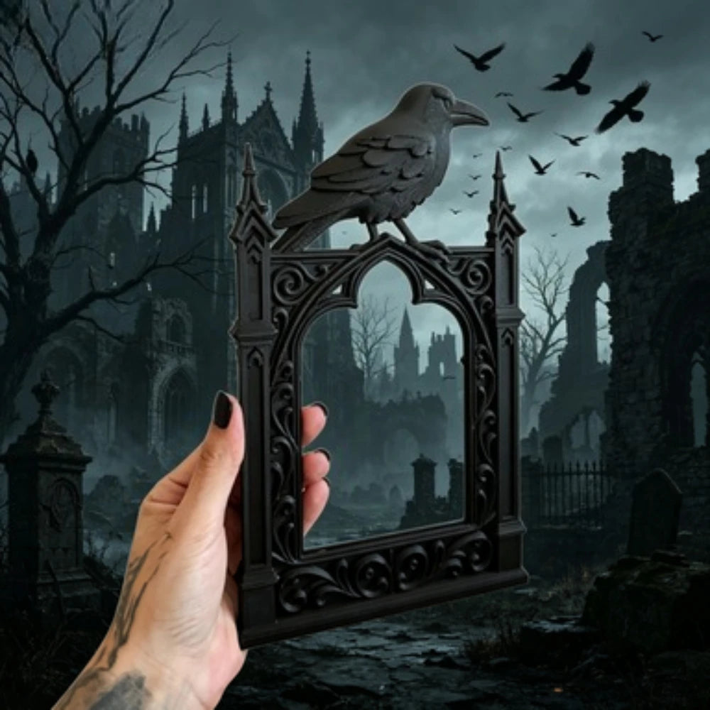 Black Gothic Crow Photo Frame Spooky Cathedral Style Decor Halloween Occult Aesthetic Picture Frame Occult Display Photo Frame Oasis Select