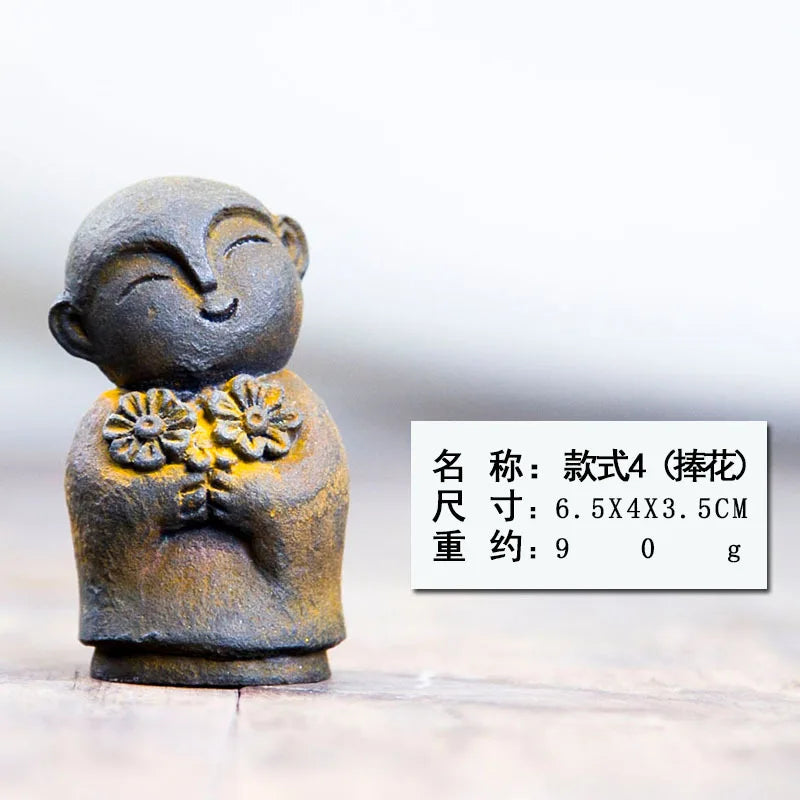 Zen Creative Cute Little Monk Buddha Statue Ornament Home Living Room Tea Play Desktop Imitation Cast Iron Handmade Craft Oasis Select - Rusty Version 7