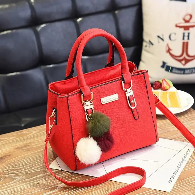 Women's PU Leather Tote Bag | Pom-Pom Crossbody Shoulder Handbag