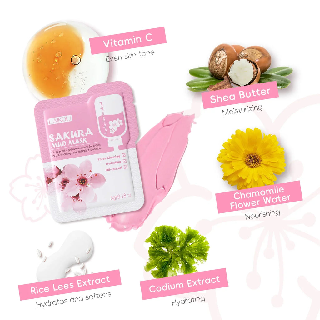 LAIKOU Japan Sakura Clay Mud Mask Hydrating Gentle Cleansing Refreshing Oil Balancing Daily Facial Skin Care Mask 5g Oasis Select