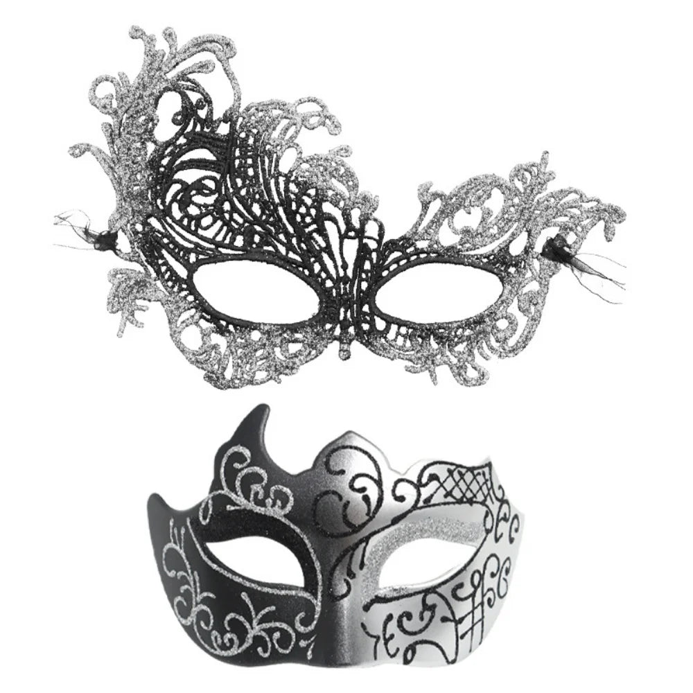 2PCS/set Couple Masks Lace Women Mask Men Painted Half Face Mask Eye Mask Set Party Masquerade Wedding Decoration Costume Prom Oasis Select Silver 2