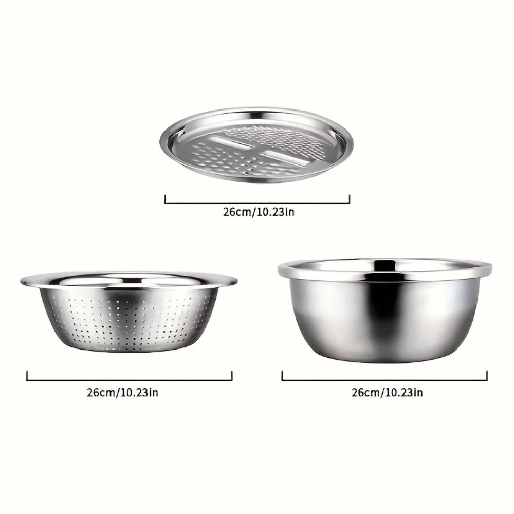 3-Piece Stainless Steel Multifunctional Strainer, and Mixing Bowl for Washing and Slicing Fruits, Vegetables Oasis Select silvery