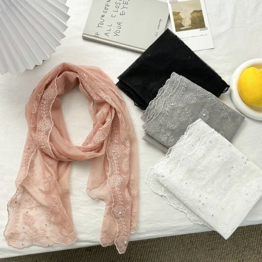 Retro Lace Long Scarf Embroidered Flower Small Flower Headscarf Tide Long Thin Neckerchief Spring and Summer Oasis Select