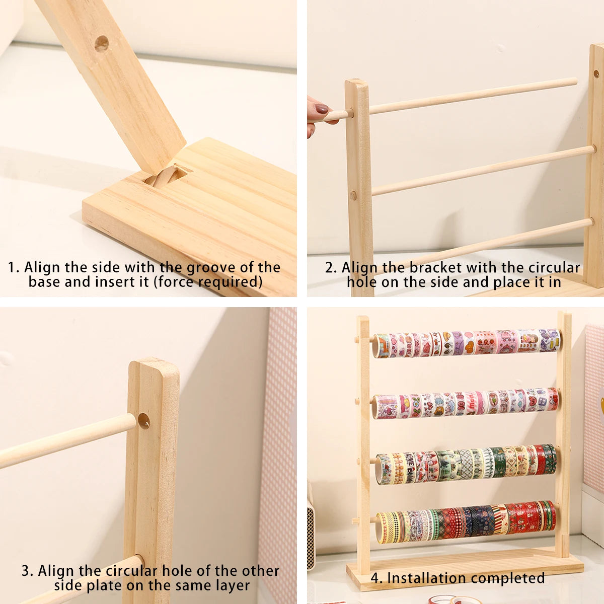 1pc wooden tape roll storage rack 3/4 layers wooden countertop ribbon organizer multifunctional office storage rack for home use Oasis Select