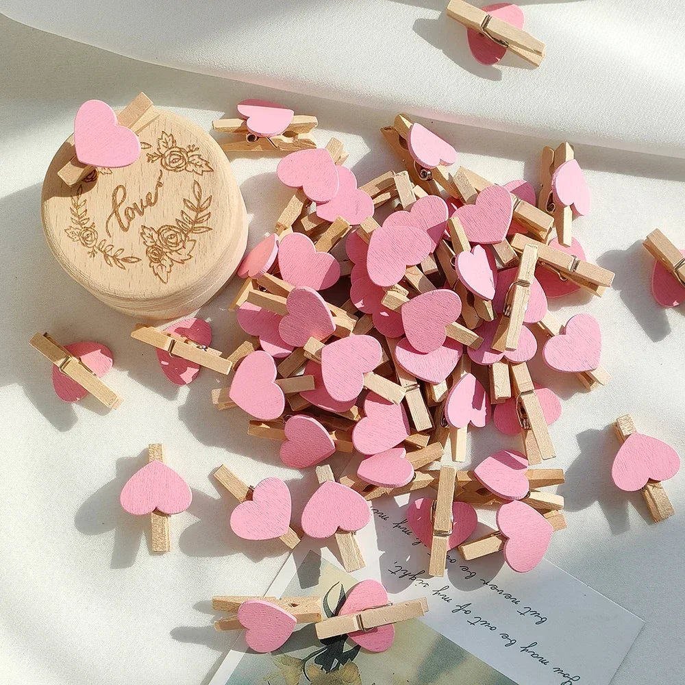 10/50pcs Red Heart Love Wooden Clothes Photo Paper Peg Pin Mini Clothespin Postcard Clips Home Wedding Valentine's Day Decorati Oasis Select Pink 50pcs