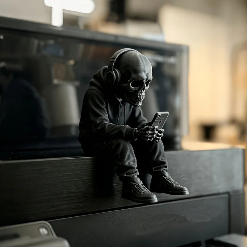 Cool Trendy Hoodie Skeleton Using Phone Ornament Figurine Skull Using Phone Edgy Desk Ornament Decor for Urban Minimalist Spaces Oasis Select